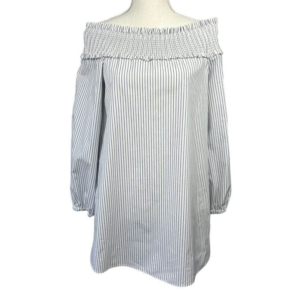 Tibi White Blue Striped Off The Shoulder Top Shirt Size 2 Ruched Cotton